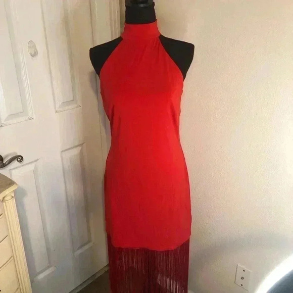 🔥💃🏻High Neck Fringe Red Party Dress💃🏻🔥Large and Small - Picture 5 of 16